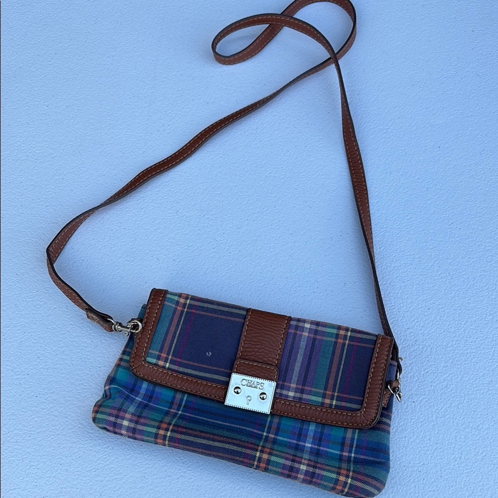Chaps Blue and Brown Crossbody Bag with Tartan Pattern